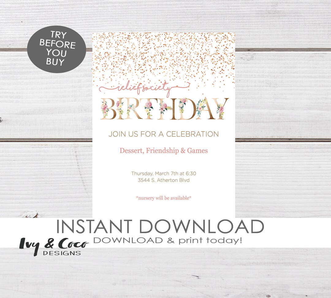 Relief Society Birthday Invite Instant Download, Relief Society ...