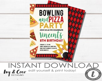 Bowling and Pizza Invitation Instant Download, Bowling Birthday Party Invitation, Bowling Party