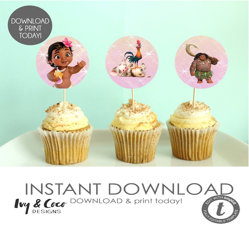 Moana Cupcake Topper Printable, Moana Stickers Instant Download Cupcake ...