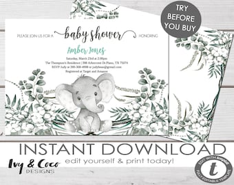 Elephant Baby Shower Invitation, Gender Neutral Baby Shower Invitation, Boho, Instant Download, Editable, Digital Invitation, 2029