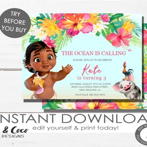 Baby Moana Invitation, Moana Invitation, Moana Birthday Invitation, Printed Invitations, Girl Invitations, c203