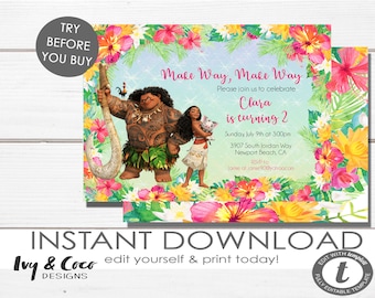 Moana Birthday Invitation, Moana Invitation, Moana Birthday Invitation, Printed Invitations, Girl Invitations, c218