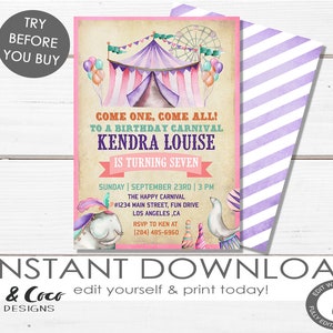 Carnival birthday invitation girl, Circus birthday invite girl, Carnival birthday party invitation ticket _c098