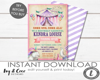 May include: A pink and purple birthday invitation with a circus theme. The invitation features a colorful tent, a Ferris wheel, and a cartoon elephant and seal. The text on the invitation reads "Come one, come all! To a birthday carnival Kendra Louise is turning seven".