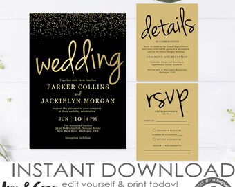 Black and Gold wedding invitation Instant Download, wedding invitation diy, Watercolor floral wedding, templett, instant download  c061