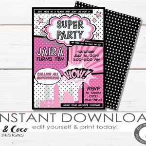 Girl Superhero invitation Instant Download, Girl superhero birthday party invitation template, Templett _c027