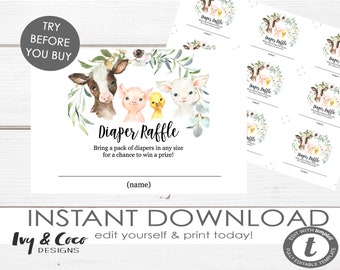 Diaper Raffle Farm Anmial Baby Shower Template, Instant Download, Editable, c150