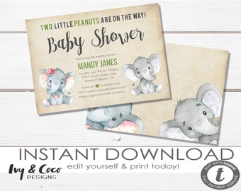 twin boy and girl baby shower invitation instant download, twin Shower Invitation template, Editable, Digital Invitation _c010