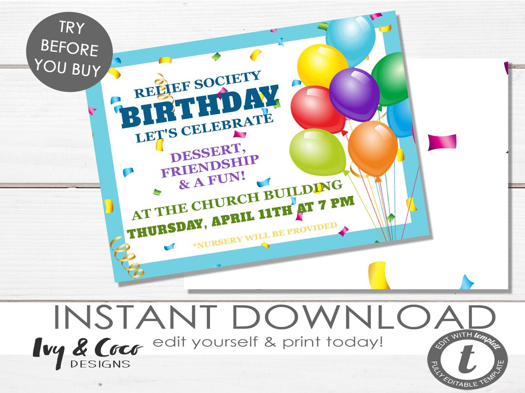 Relief Society Birthday Party Invitation Template, Relief Society ...
