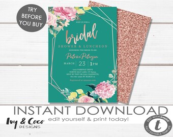 Teal Bridal Shower Invitation Instant Download, Editable Bridal Shower Invitations, DIY, Instant Download, c153