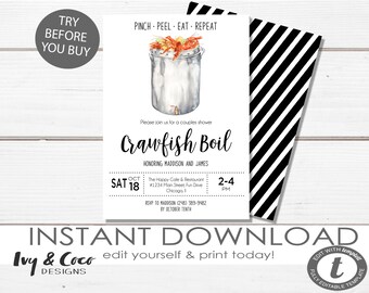 Puede incluir: Un fondo a rayas blanco y negro con una tarjeta blanca en la parte superior. La tarjeta tiene una ilustración de acuarela de una olla de cangrejos de río con el texto "Crawfish Boil" y la fecha "SAT 18 OCT". La tarjeta también incluye el texto "Por favor, únase a nosotros para una fiesta de bodas en honor a Maddison y James".