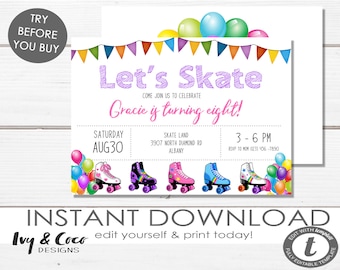 Puede incluir: Una invitación de cumpleaños imprimible con un diseño colorido que presenta patines, globos y el texto "Let's Skate Gracie is turning eight!" La invitación incluye detalles para la fiesta, incluida la fecha, la hora y la ubicación.