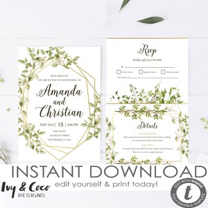 Greenery Wedding Invitation Template, Watercolor Greenery Wedding invitation, Instant Download,  c054
