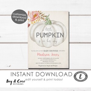 Uitnodiging babyshower meisje pompoen • INSTANT DOWNLOAD • Bewerkbare sjabloon, c223
