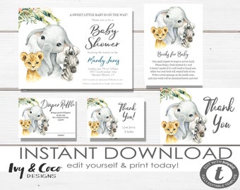 Safari Animal Baby Shower Invitation Set, Invitation Book for baby, diaper raffle, thank you, Instant Download, Digital Invitation set, c146