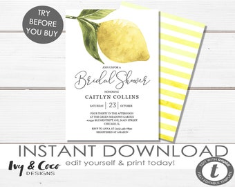 Lemon Bridal Shower Invitation Template, Wedding Shower Invitations, DIY, Instant Download c082