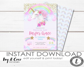 Rainbow Unicorn Invitation instant download, glitter unicorn invitation, birthday party  invite  Instant Download, Templett _c049