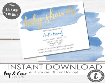 Boy Baby Shower Invitation Template, Baby Shower Invite Blue, Blue and Gold Baby Boy Shower invitation, Editable, Digital _132