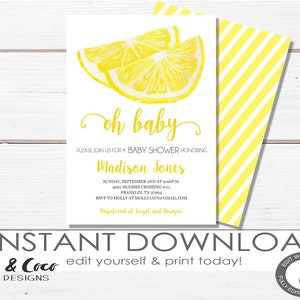 Lemon Baby Shower Invitation template, DIY, Baby Shower Invitation, Instant Download, Editable, Digital Invitation, c063