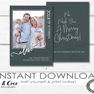 Love photo christmas card, Blue christmas card, digital download, printable, template