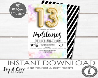 13th Birthday Invitation, Gold Balloon Invitation, Editable, Black & Gold invites, Surprise, Editable Template, Instant Download c115