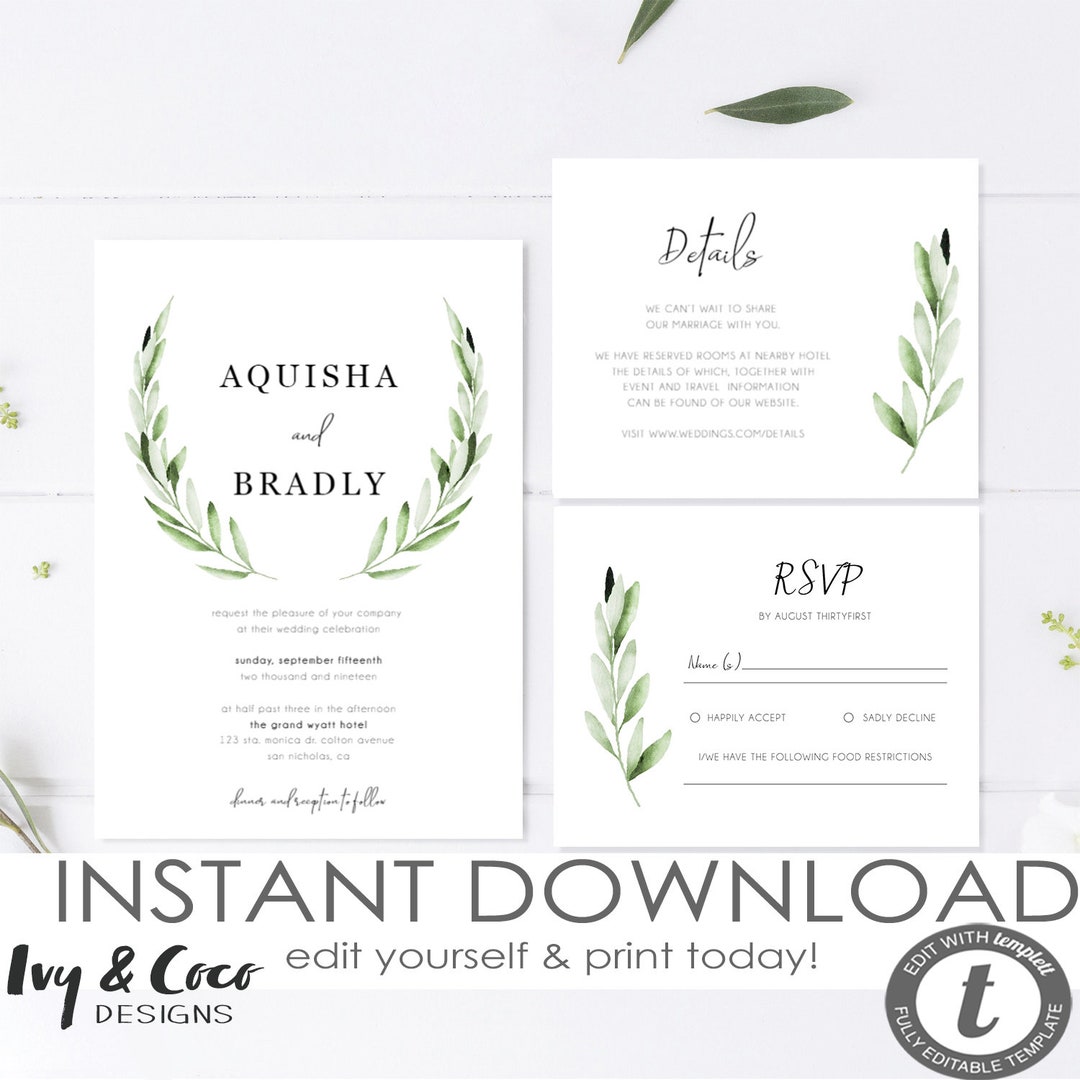 Greenery Wedding Invitation Suite DIY Editable Wedding Etsy