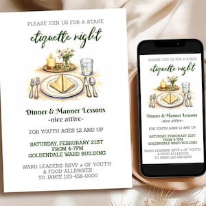Könnte beinhalten: Eine Einladung für einen Etikette-Abend mit einer Aquarellillustration einer Tischdekoration mit einer gefalteten Serviette, Besteck und einer Kerze. Der Text lautet "Dinner & Manner Lessons" und Veranstaltungsdetails.