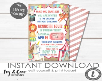 Carnival invitation, Circus birthday invite, Carnival birthday party invitation ticket _c099