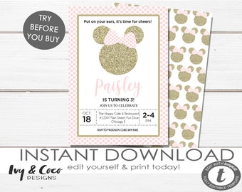 Invitación rosa de Minnie Mouse, invitación de Minnie, invitación de cumpleaños de Minnie, invitaciones para niñas, invitación de Minnie, c202