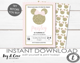 Pink Minnie Mouse Invitation, Minnie Invitation, Minnie Birthday Invitation, Girl Invitations, Minnie Invitation, c202