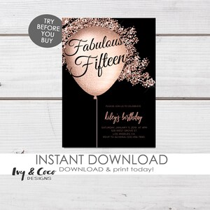 Fabulous Fifteen Invitation Instant Download, 15 balloon birthday invitations, 15 birthday invitations, fifteen party, Template, c235
