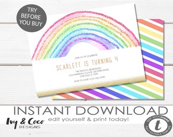 Rainbow Birthday Invitation Instant Download, Editable Girl Birthday Rainbow Birthday Party, Template, Instant Download, Template, c190