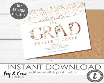 Graduation Party Invitation Instant Download Template, Gold and Rose Gold Graduation Party Invite, DIY Instant Download DIY Templett, c121