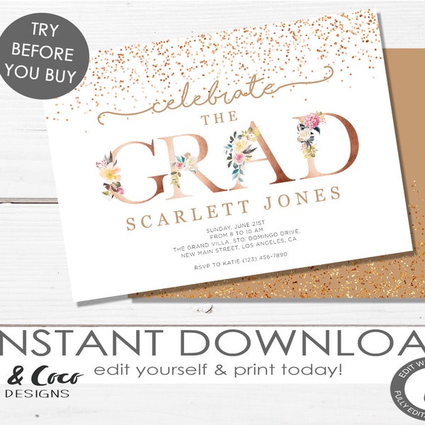 Graduation Party Invitation Instant Download Template, Gold and Rose Gold Graduation Party Invite, DIY Instant Download DIY Templett, c121