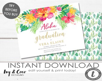 Plantilla de descarga instantánea para invitación de graduación Aloha, invitación para fiesta de graduación tropical, descarga instantánea DIY, c141