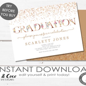 Graduation Party Invitation Printable Template, Blush and Gold Graduation Party Invite, DIY Instant Download DIY Templett, c120