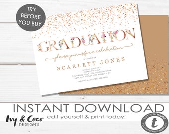 Graduation Party Invitation Printable Template, Blush and Gold Graduation Party Invite, DIY Instant Download DIY Templett, c120