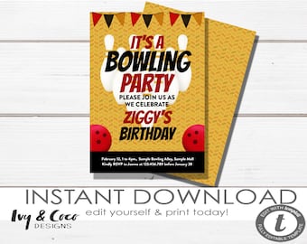Bowlinginbjudan direkt nedladdning, bowlingfödelsedagsfestinbjudan, bowlingfödelsedagsfest för pojkar, bowlingfest