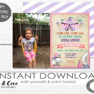 Carnival birthday invitation girl, Circus birthday invite girl, Carnival birthday party invitation ticket _c098