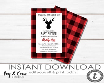 May include: A red and black buffalo plaid baby shower invitation with a black silhouette of a deer head with antlers. The text reads "A new little buck is on his way!" and "Please join us for a baby shower honoring the mommy-to-be Madelyn Torres".