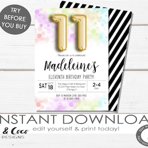 11th Birthday Invitation, Gold Balloon Invitation, Editable, Black & Gold invites, Surprise, Editable Template, Instant Download c113