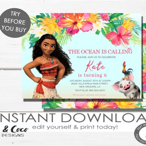 Moana Birthday Invitation, Moana Invitation, Moana Birthday Invitation, Printed Invitations, Girl Invitations, c205