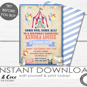 Carnival birthday invitation for birthday party, Circus birthday invite, Carnival birthday party invitation ticket _c100