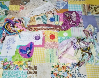 Super Sampler Springtime Fabric scraps, vintage, pastel, slow stitch, bits, junk journal, crafts, fabric stash, vintage, snippet, collage