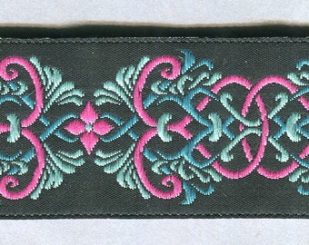 Meterware Jacquard-Borte schwarz + blau + rosa 35 mm