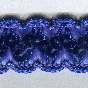 May include: Blue trim with sequins. The trim is made of a soft, blue fabric with a scalloped edge. The sequins are round and have a shiny finish.