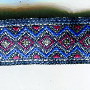 Meterware Jacquardborte blau + silber Lurex + dunkel-rot 15 mm RESTBESTAND