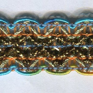 Meterware gewellte Häkelborte mit Lurex gold + silber + orange + blau 15 mm