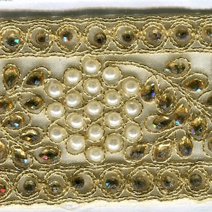 Meterware Lurexborte mit Strass + Perlen gold Breite 50 mm LIMITID EDITION
