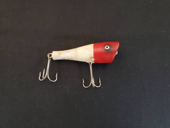 Vintage Fishing Lure, Heddon River Runt, White Red Head